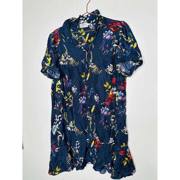 TANYA TAYLOR Navy Printed Floral Button Up Collared Aliciana Shirt Dress Size 14 - Picture 5 of 13